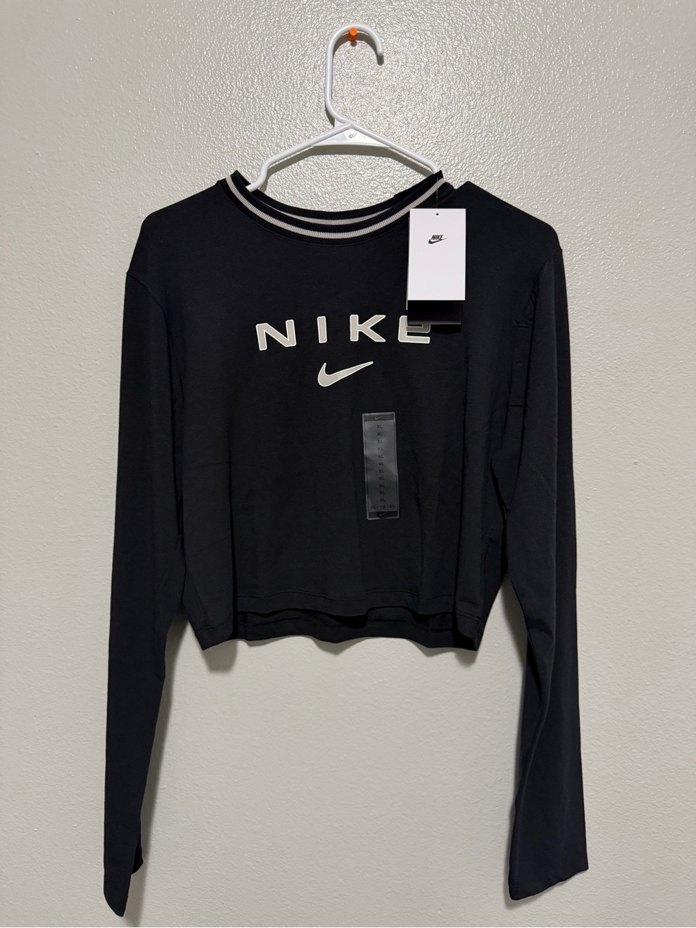 Nike Black Cropped Long-Sleeve Sweatshirt with White Logo
